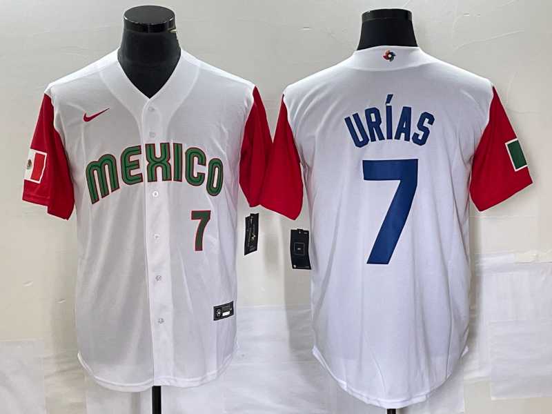Men%27s Mexico Baseball #7 Julio Urias Number 2023 White Red World Classic Stitched Jersey5